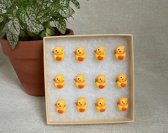 May include: A set of twelve miniature yellow rubber duck figurines with orange beaks and bellies, arranged in a rectangular box. The ducks are evenly spaced and face the same direction. A potted plant is visible in the background.