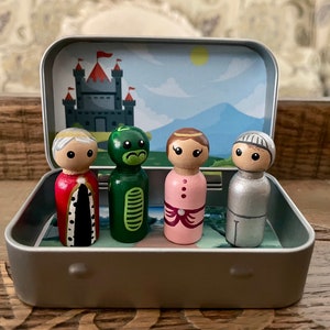 Fairy Tale Peg Doll Pretend Play Set in Themed Tin | Princess Knight King Dragon | Travel Quiet Easter Summer Birthday Gift | Open Ended Toy