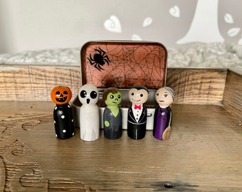 CLASSIC HALLOWEEN Monsters | Peg Doll | Boys or Girls Pretend Play Set in Themed Tin Witch Ghost Vampire Zombie Jack O Lantern Pumpkin Head