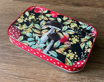 Mushroom Tin Wallet | Purse Organizer | Handmade | Storage Box Case | Coquette Cute Floral Night Forest | Gift Notions Sewing Make Up Notes