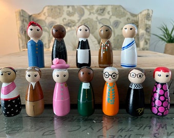 Influential Women of the World * 12 Peg Doll Collection * Hand-Painted Handmade Wood Toys Figures Decorations