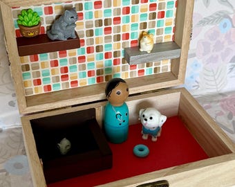 Vet Clinic Handmade Play Set Veterinarian & Animals in Themed Wooden Storage Travel Box Creative Toys Gift for Kids Peg Dolls Dog Cat