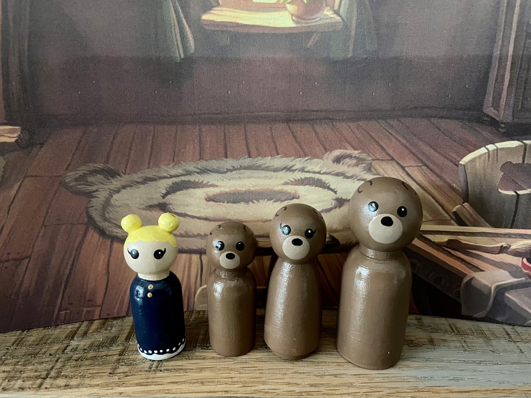 Golli Peg Doll Set ビンテージアーティスト人形3体セット Goldilocks and the Three Bears Hand-painted Peg Doll Set * Story