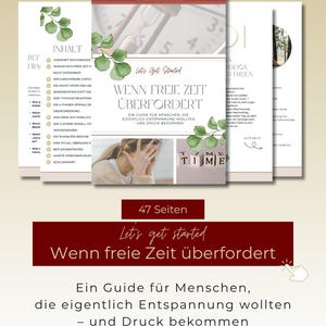 Könnte beinhalten: Ein digitales Handbuch mit dem Titel "Let's Get Started: Wenn freie Zeit überfordert" mit einem Cover, das eine Frau zeigt, die sich den Kopf hält. Das Handbuch enthält Text auf Deutsch und ist mit grünen Blättern und einer Sanduhr verziert.