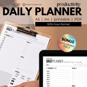 Puede incluir: Un planificador diario imprimible en tamaño A4 o A5, con un formato de 12/24 horas. El planificador incluye secciones para la programación, listas de tareas, comidas, ejercicio y dinero. También incluye una página de revisión diaria adicional.