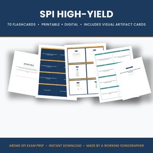 May include: A set of 70 SPI HIGH-YIELD flashcards for ARDMS exam preparation, featuring printable and digital formats. The cards include text-based questions and visual artifact diagrams on white, dark blue, and teal backgrounds with orange accents.