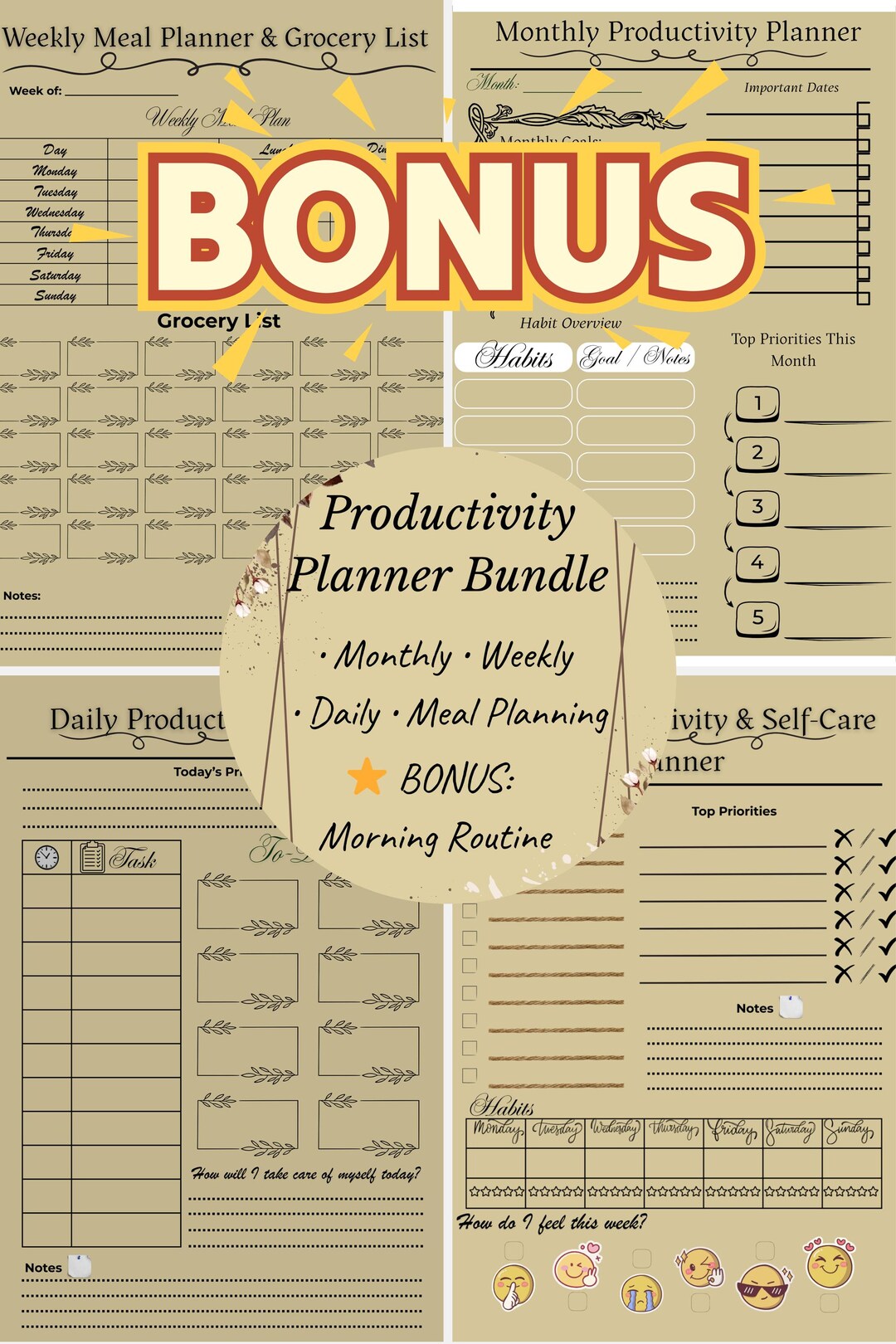 Productivity Planner Bundle | Minimal Daily, Weekly, Monthly (instant ...