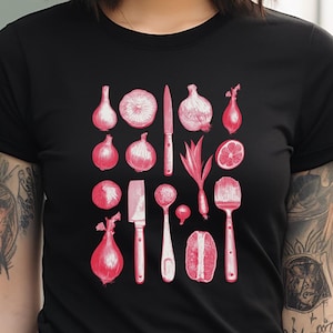 Vintage Kitchen Tools Unisex Tee, Onions and Knives T-Shirt, Handcrafted Style Vegetable Shirt, Culinary Gift Top, Cooking Utensil Graphic
