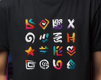Buntes T-Shirt mit abstrakten Symbolen - Streetwear Grafik-T-Shirt mit handgezeichnetem Graffiti-Kunst-Design