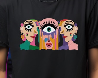 Camiseta unisex con caras de arte pop, camiseta abstracta colorida, motivo de ojos surrealistas, camiseta gráfica brillante, parte superior con pestañas llamativas