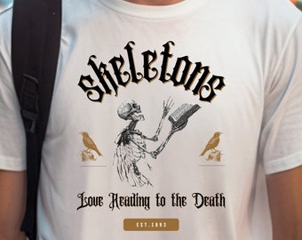 Skeleton Reading T-Shirt - Gothic Halloween Book Lover Tee