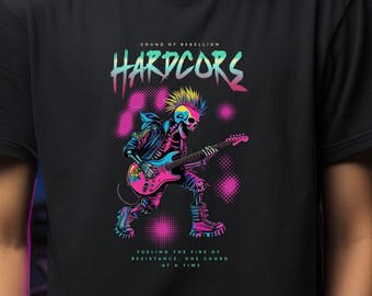 Neon Skeleton Punk T-Shirt, Rocker Schädel T-Shirt, rebellischer Musiker Shirt, Edgy Rock Band Top, Extrem Grafik Punk Rocker T-Shirt