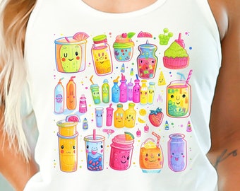 Kawaii-tanktop cocktailmenu, tikibar-thema, zomerdrankjes