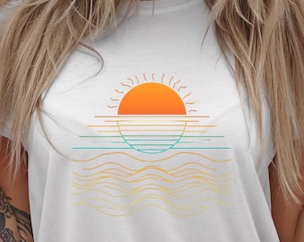 Camiseta con gráfico de atardecer retro / Camisa con ambiente playero vintage