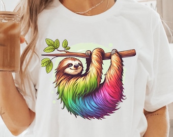 Rainbow Sloth T-Shirt, Cute Sloth Design Tee, Colorful Sloth Graphic Shirt, Gift for Animal Lovers, Women&#39;s Adorable Sloth Tee,Fun Sloth Art