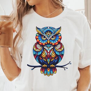 Colorful Owl T-Shirt, Boho Owl Design Tee, Vibrant Owl Graphic Shirt, Gift for Bird Lovers, Women&#39;s Artistic Owl Tee,Unique Animal Art Shirt