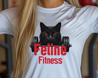 May include: White t-shirt with a black cat lifting a barbell. The cat has red eyes and the text "Feline Fitness" is printed in red below the cat.