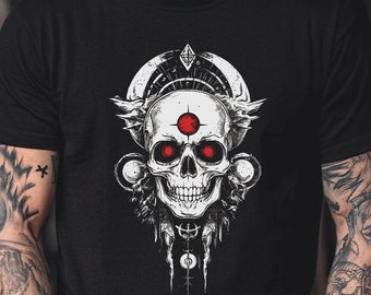 Skull Warrior Graphic T-Shirt - Dark Gothic Style with Red Eyes and Tribal Details, Men's Edgy Streetwear, Unique Bold Skull Design Apparel