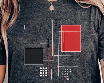 Minimalist Geometric Art T-Shirt | Abstract Red and Black Squares Graphic Tee | Modern Design Apparel for Contemporary Fashion Lovers
