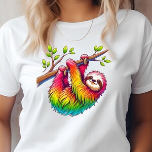 Rainbow Sloth T-Shirt, Cute Colorful Sloth Tee, Women&#39;s Graphic Sloth Shirt, Fun Animal Design, Unique Gift for Sloth Lovers, Boho Art Top