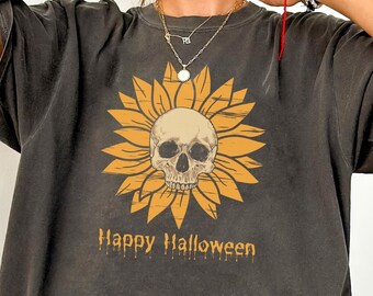 Sonnenblume-Schädel-Halloween-Hemd - 'Happy Halloween' Vintage Gothic Sonnenblume T-Shirt für den Herbst, gruseliges Herbst-Shirt für Halloween-Liebhaber