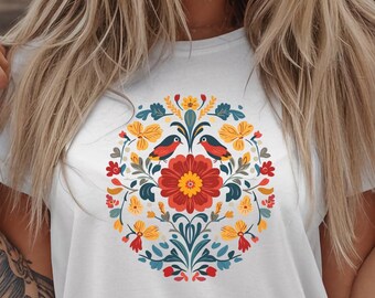 Floral Folk Art Birds T-Shirt | Colorful Bohemian Flower Design | Vibrant Nature-Inspired Graphic Tee for Free-Spirited Boho Fashion Lovers