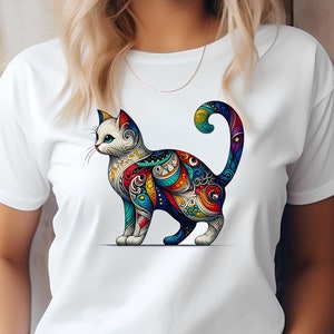 Colorful Artistic Cat T-Shirt - Unique Vibrant Kitty Design Tee for Cat Lovers - Perfect Gift for Pet Owners - Trendy and Stylish Wear