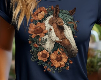 T-shirt fleuri à motif cheval | Chemise country fashion pour femmes
