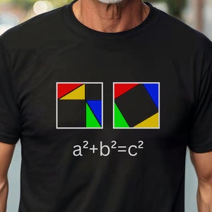 May include: A black t-shirt with a graphic of two squares divided into smaller colored squares. The squares are labeled with the Pythagorean theorem: a² + b² = c².
