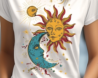 T-shirt Mystic Moon and Sun, celestial design, boho chic T-shirt