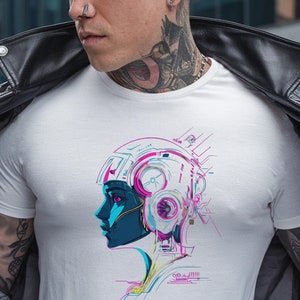 Futuristic Cyberpunk T-shirt, Neon Robot Head Graphic Tee, Tech Aesthetic Streetwear, Sci-fi Vaporwave Style, Retro Futurism Cyber Art Shirt