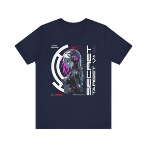 Cybernetic Woman Futuristic Anime Tee, Neon Pink Blue, 4k Resolution, Hexagonal Pattern, Unisex Jersey Shirt, Gift for Anime Fans, Cyberpunk image 4