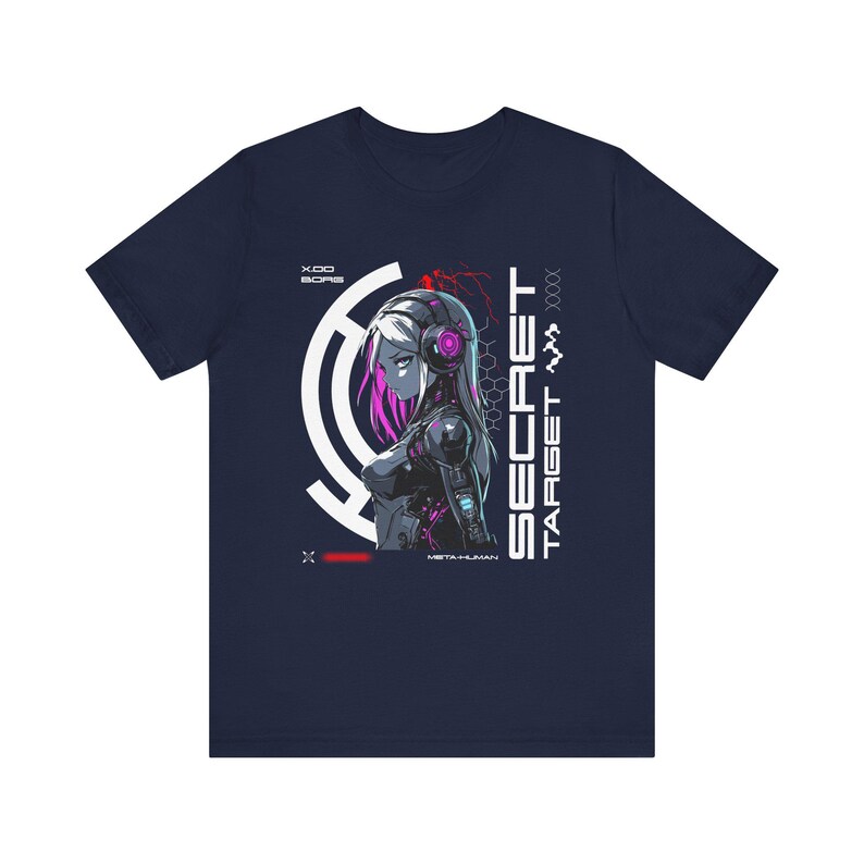Cybernetic Woman Futuristic Anime Tee, Neon Pink Blue, 4k Resolution, Hexagonal Pattern, Unisex Jersey Shirt, Gift for Anime Fans, Cyberpunk image 4