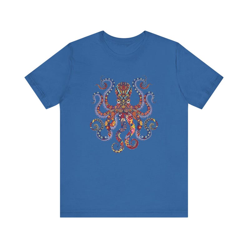 Octopus Floral Paisley Unisex Tee - Colorful Graphic Shirt in Vibrant Red, Blue, Yellow & Purple Symmetrical Design image 8