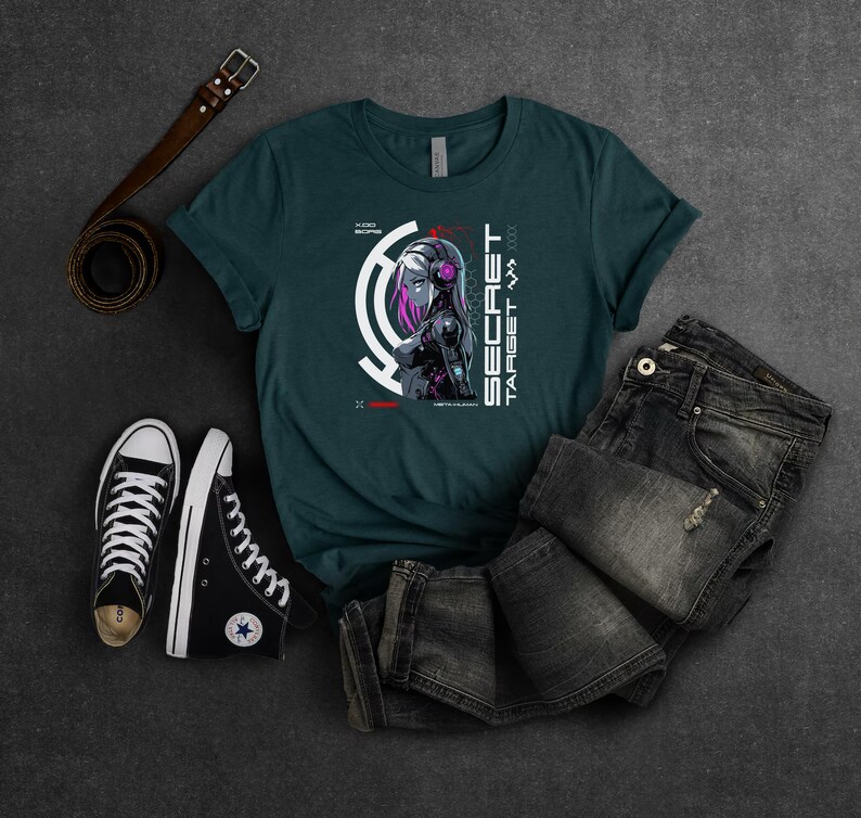 May include: A teal blue t-shirt with a graphic of a woman with pink hair and a futuristic design. The text "SECRET TARGET" is on the shirt.