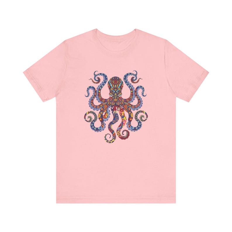 Octopus Floral Paisley Unisex Tee - Colorful Graphic Shirt in Vibrant Red, Blue, Yellow & Purple Symmetrical Design image 9