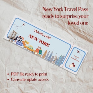 Ticket regalo de viaje | Billete viaje sorpresa | Tarjeta editable para regalar un viaje a Nueva York