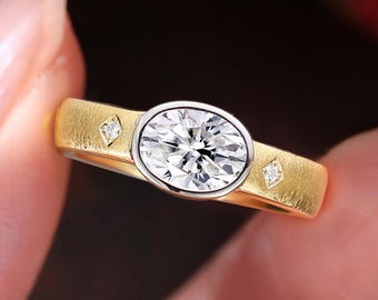Vintage Oval Moissanite Bezel Engagement Ring, Warm Moissanite Wedding Ring, Brushed Signet Statement Ring, Timeless Heirloom Gift For Her