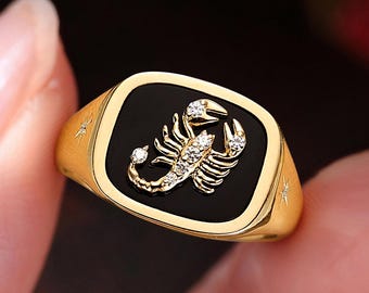 Gothic Scorpion Signet Ring, Black Onyx Yellow Gold Ring, Bold Moissanite Gift For Men