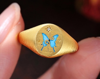 Hand-Painted Blue Butterfly and Snake Signet Ring, Yellow Gold Enamel Symbolic Ring, Unique Gift for Her, Matte Finished Statement ring