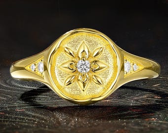 Vintage Floral Moissanite Signet Ring, Brushed 8‑Pointed Star Band, Elegant Dainty Jewelry Women