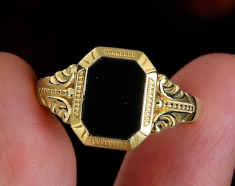 Vintage Octagon Black Onyx Signet Ring, Art Deco Gold Filigree Band, Antique Scrollwork Gift