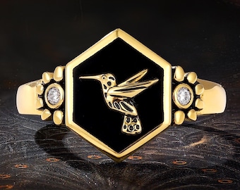 Hummingbird Enamel Hexagon Signet Ring, Vintage Animal Moissanite Statement Band, Unique Dark Unisex Gift