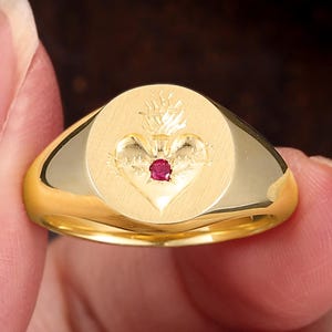 Sacred Heart Signet Ring, Gold Catholic Ring with Natural Ruby, Vintage Religious Talisman Ring, Gift for Her