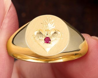Sacred Heart Signet Ring, Gold Catholic Ring with Natural Ruby, Vintage Religious Talisman Ring, Gift for Her