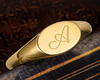 Custom Initial Signet Ring, Oval Monogram Engraving Pinky Ring, Letter or Text Jewelry, Birthday Anniversary Graduation Gift, Gift for Her