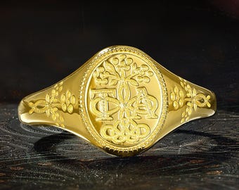 Vintage Floral Initial Medallion Ring, Tree of Life Signet Ring, Crest Monogram Engraved Botanical Band, Personalized Birthday Gift for her