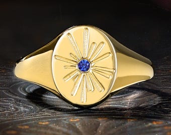 Vintage Sapphire Sunburst Signet Ring, Ornate Sapphire Statement Ring, Timeless Heirloom Gift For Her