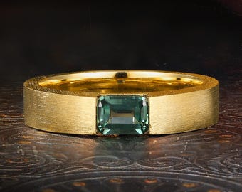 Emerald Cut Green Sapphire Ring, Minimalist Brushed Wide Band, Modern Flush Set Ring, Unisex Wedding Band, Anniversary Gift
