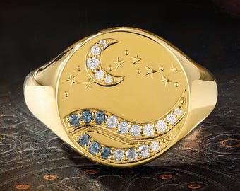 Celestial Ocean Signet Ring, Blue Topaz Wave Moissanite Moon Ring, Talisman Gift For Her